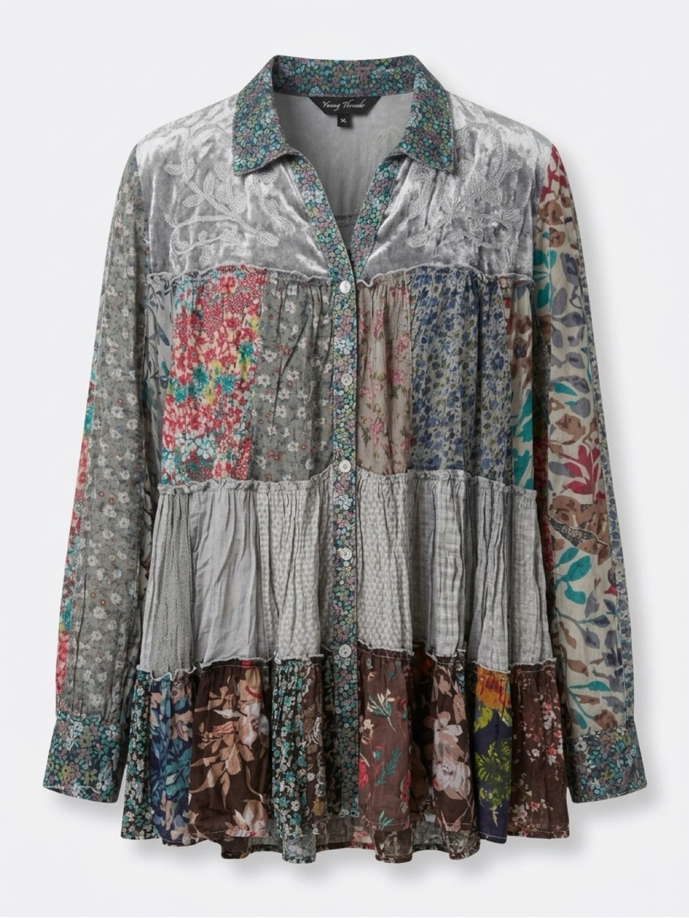 230 Young Threads NWT Slate Multi Floral Patchwork Button-Down Blouse